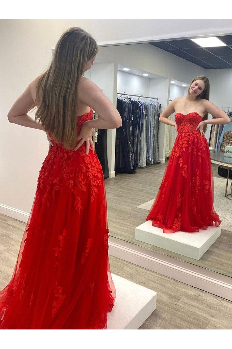 PM421,Red Prom Dresses,Floral Prom Dress,Lace Evening Dresses,A-Line Tulle Formal Gown