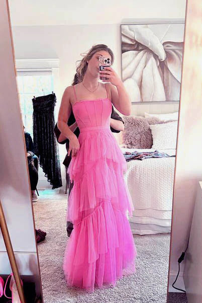 PM095,Pink Spaghetti Straps Floor Length Prom Dress With Ruffles, Tulle Formal Gown