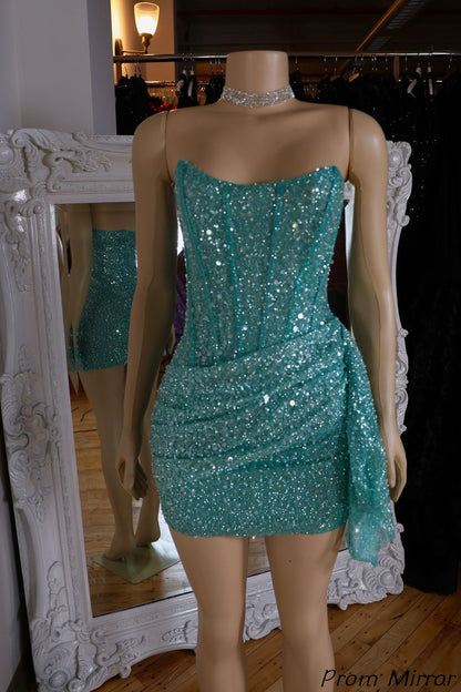 Prom Mirror Cute Homecoming Dresses Sky Blue Strapless Bodycon Sequin Hoco Dress
