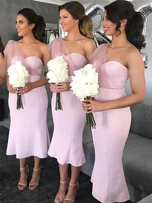 Light Pink Tea Length One Shoulder Bridesmaid Dresses