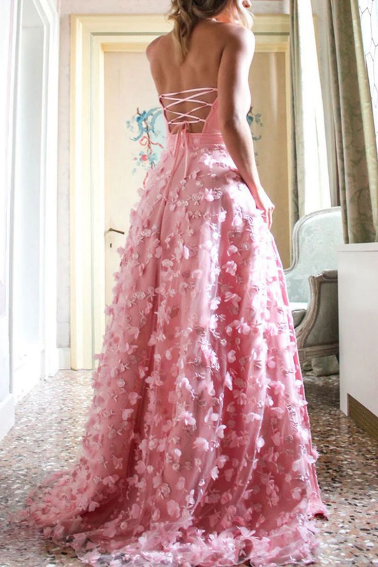 Princess Floral 3D Flowers A-Line Prom Dresses, Custom Made Evening Gown