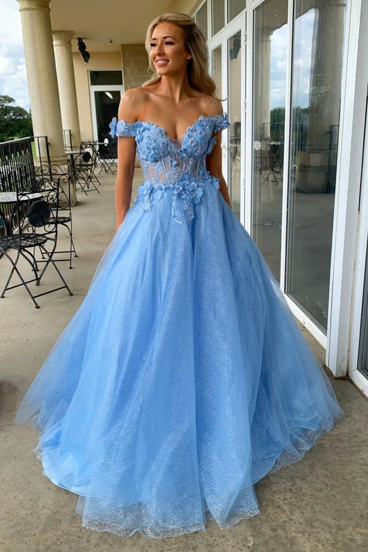 Off The Shoulder Blue A-Line Prom Evening Dress