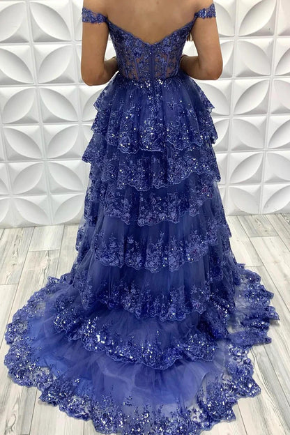 Off The Shoulder Ruffles Sequin Applique Long Evening Prom Dress