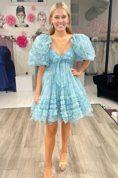 Sweet Puffy Sleeves Tulle Ruffles Homecoming Dress