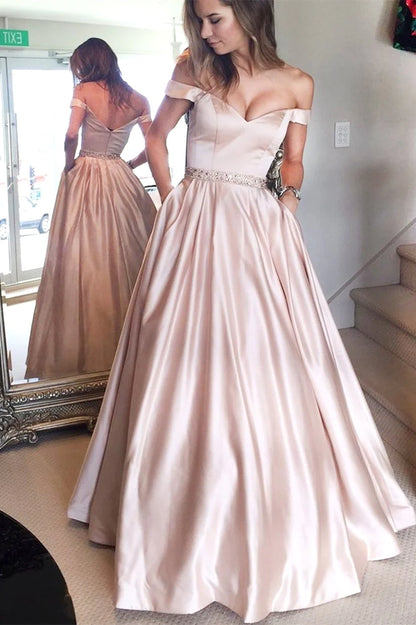 Off The Shoulder A-Line Beaded Satin Long Prom Dresses