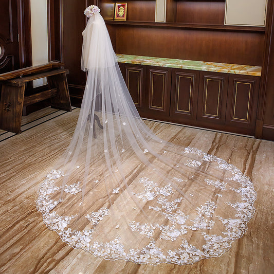 3.5 Meters Double Layers Tulle Floral Wedding Veil