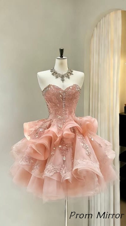 Luxury Champagne Beaded Lace Tulle Homecoming Party Dresses