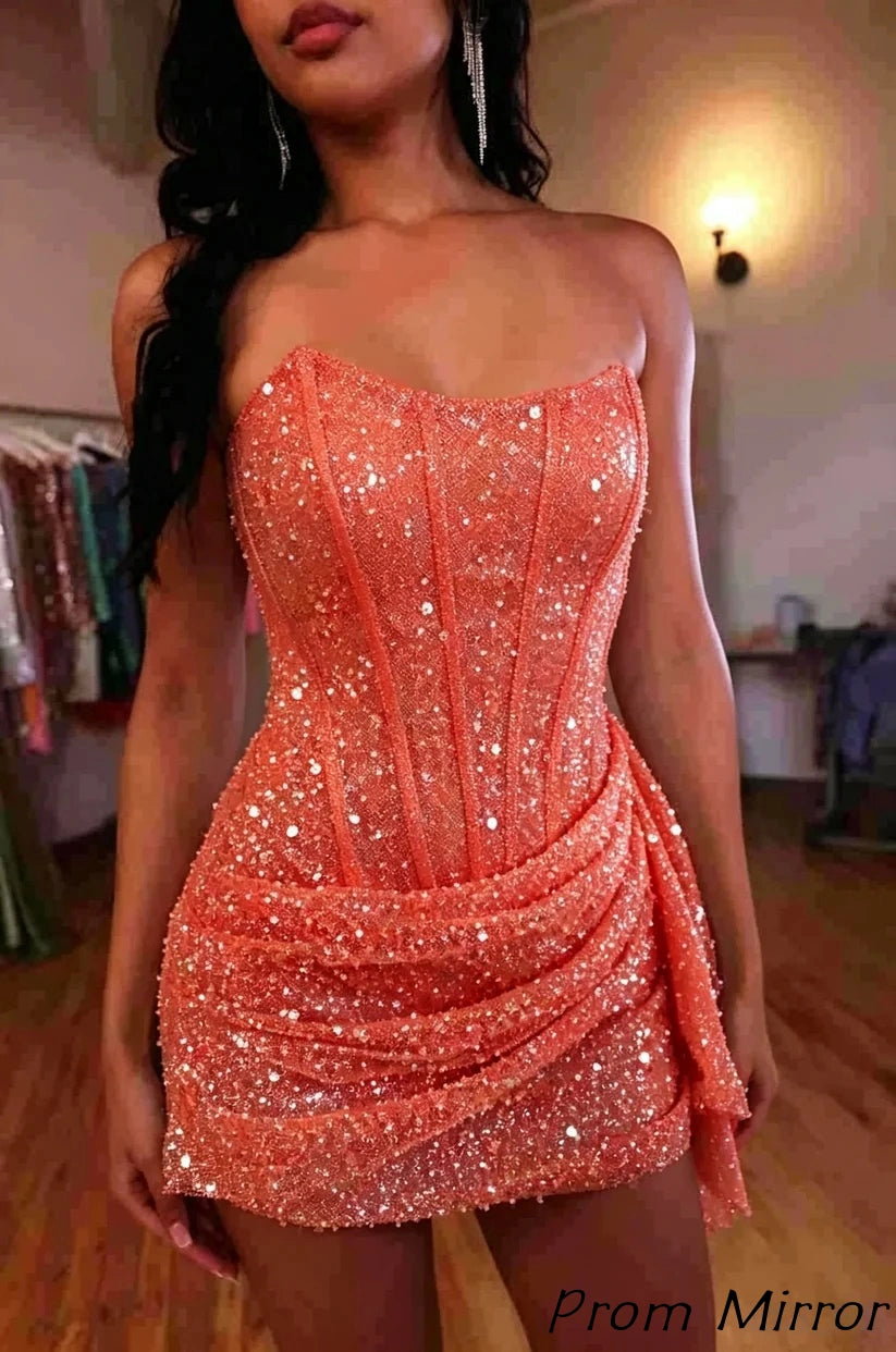 Fashion Party Dresses Strapless Bodycon Homecoming Dress Sequined Mini Formal Gown