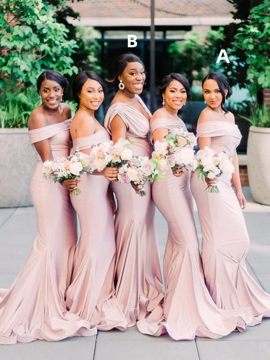 Pink Mermaid Off The Shoulder/Plunging Neck Bridesmaid Dresses