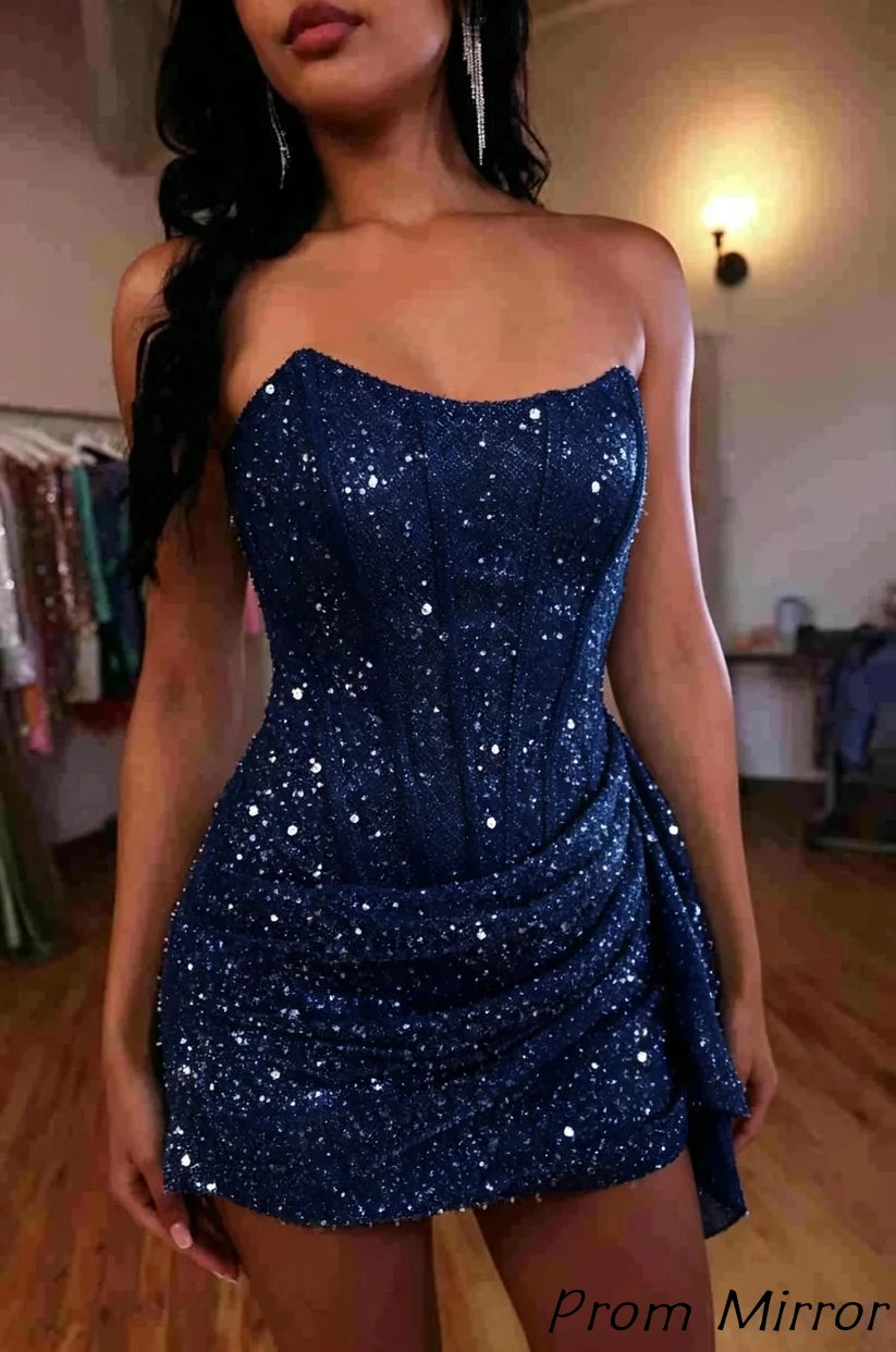Fashion Party Dresses Strapless Bodycon Homecoming Dress Sequined Mini Formal Gown