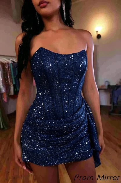 Fashion Party Dresses Strapless Bodycon Homecoming Dress Sequined Mini Formal Gown