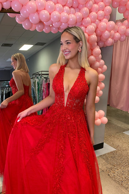 Red Plunging V-neck Beaded Lace Applique Long Dress
