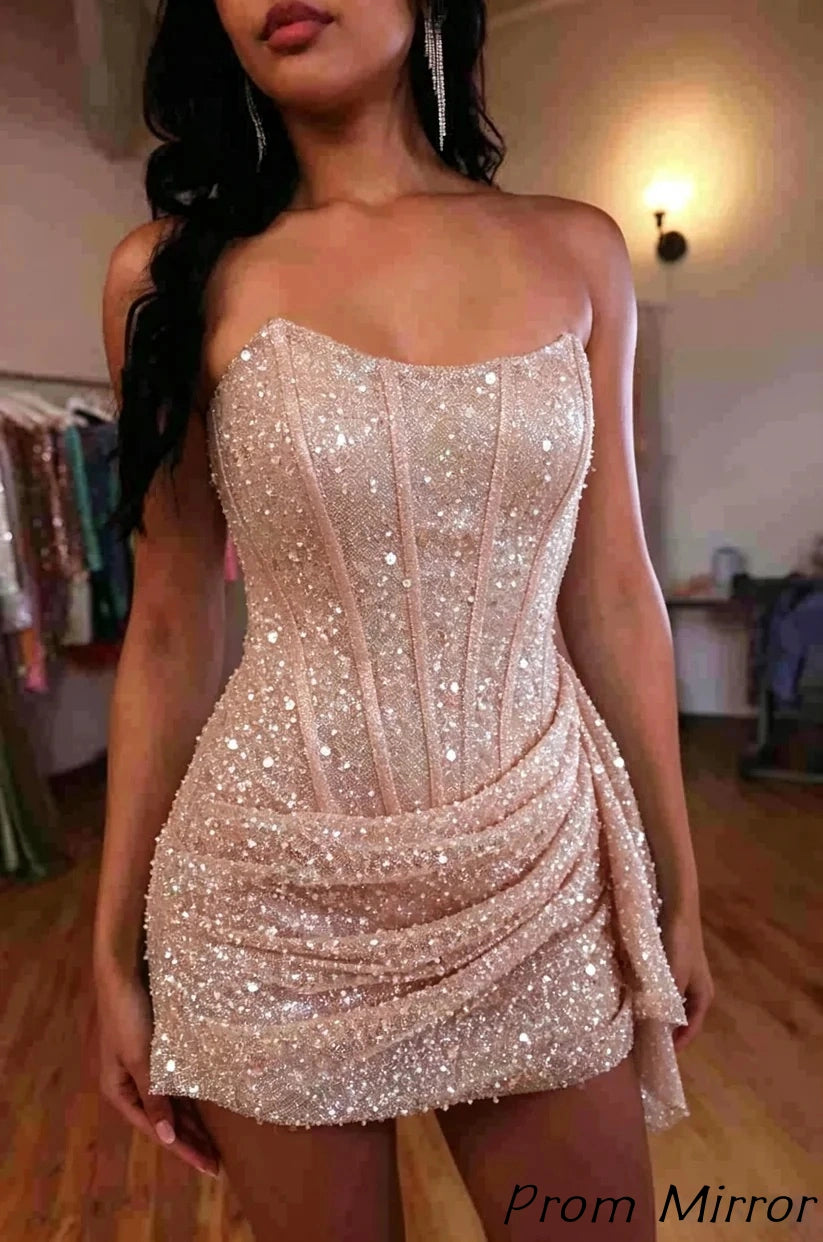 Fashion Party Dresses Strapless Bodycon Homecoming Dress Sequined Mini Formal Gown