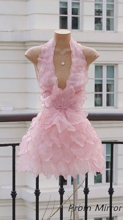 Pink Halter Floral Homecoming Dresses Mini Dance Party Dress