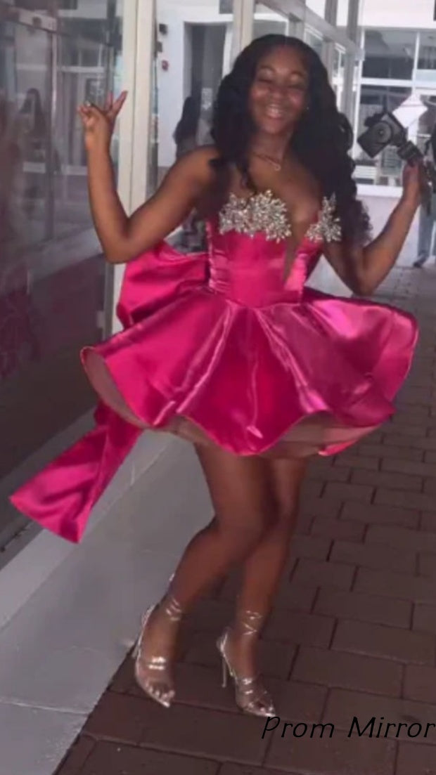 Hot Pink Rhinestone Satin Mini Homecoming Outfit Cocktail Dresses For Women