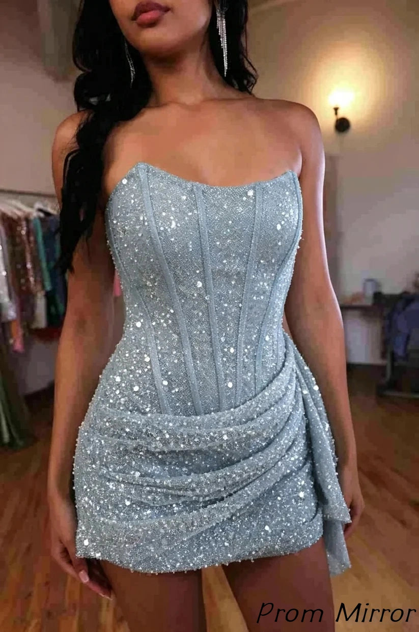 Fashion Party Dresses Strapless Bodycon Homecoming Dress Sequined Mini Formal Gown