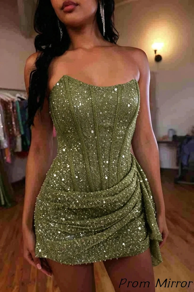 Fashion Party Dresses Strapless Bodycon Homecoming Dress Sequined Mini Formal Gown