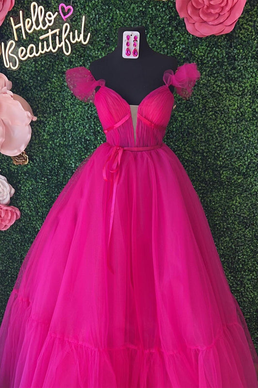 Straps Fuchsia Tulle Long Prom Gown
