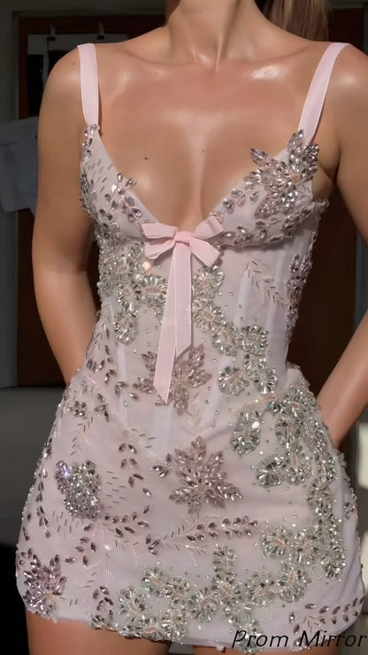 Hand Made Pink Rhinestone Bodycon Homecoming Dresses Plunge Neck Mini Dress with Bow