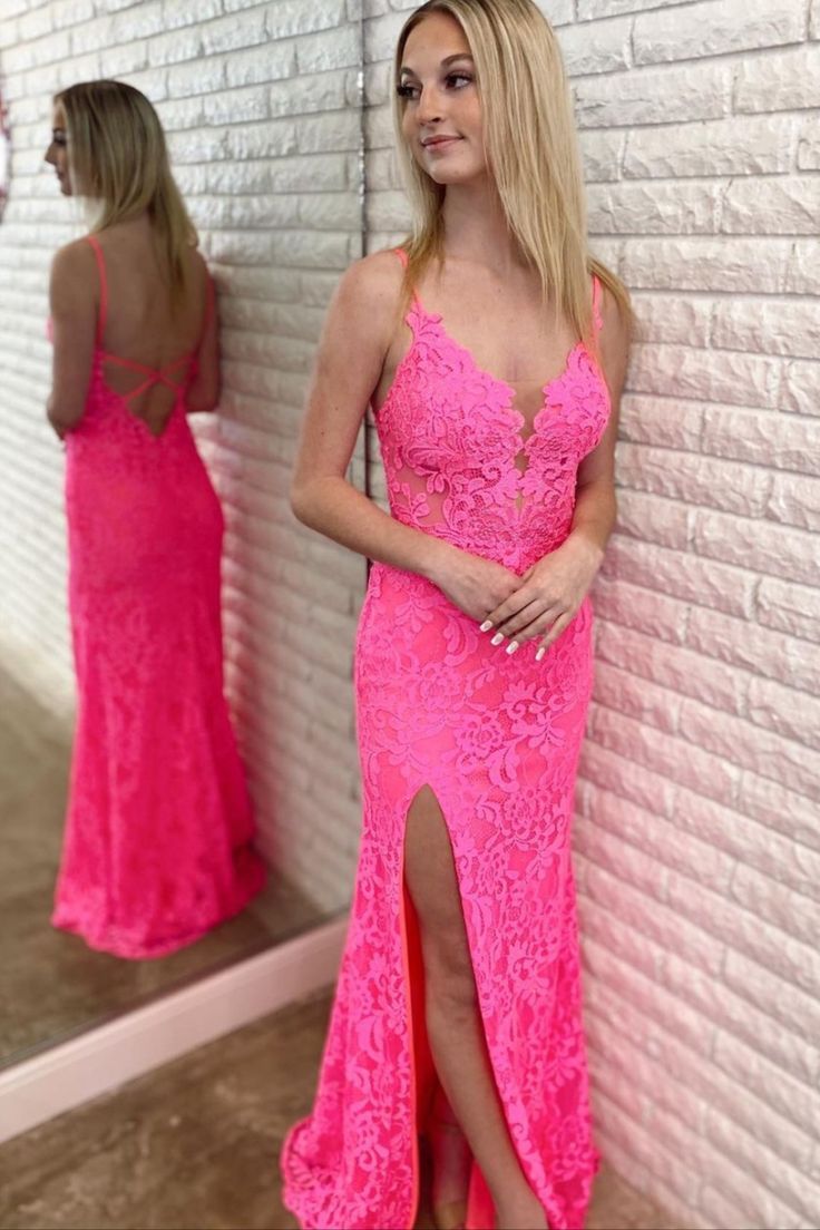 PM394,Pink Lace Spaghetti Straps V-Neck Long Prom Dresses