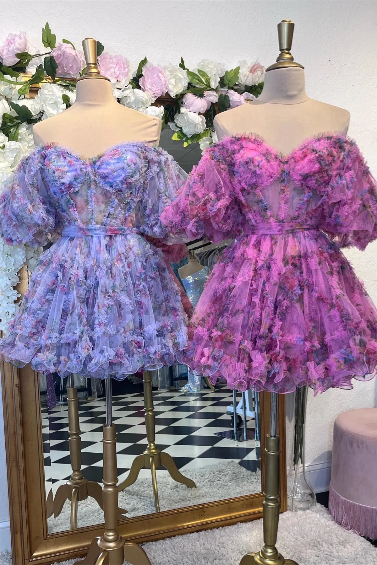 PM521,Lavender & Fuchsia Off-the-Shoulder Ruffles Homecoming Dress
