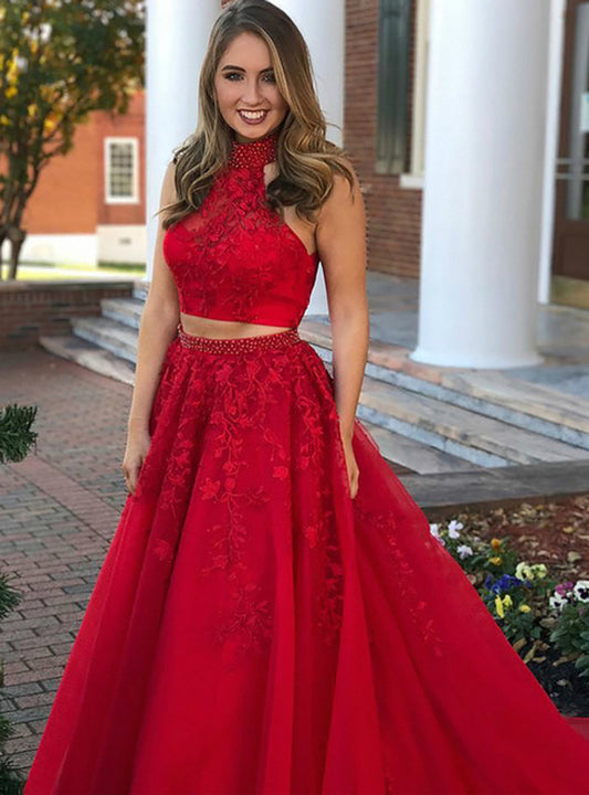 Two Pieces Red Applique Beads Long Prom Evening Dress