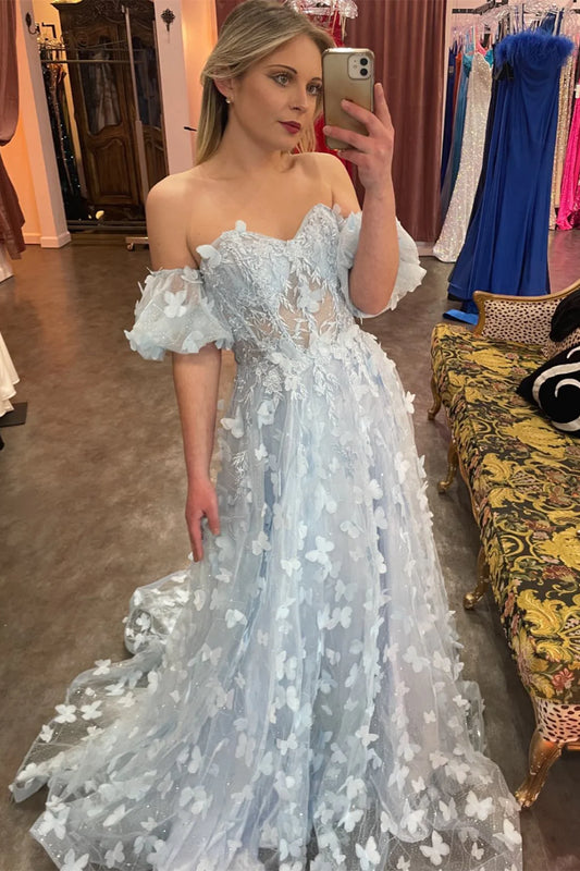 Off The Shoulder Light Blue Floral Evening Prom Dress