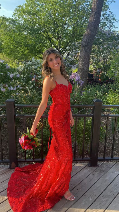 Red Mermaid Sequins Prom Dresses, Bodycon Evening Dresses