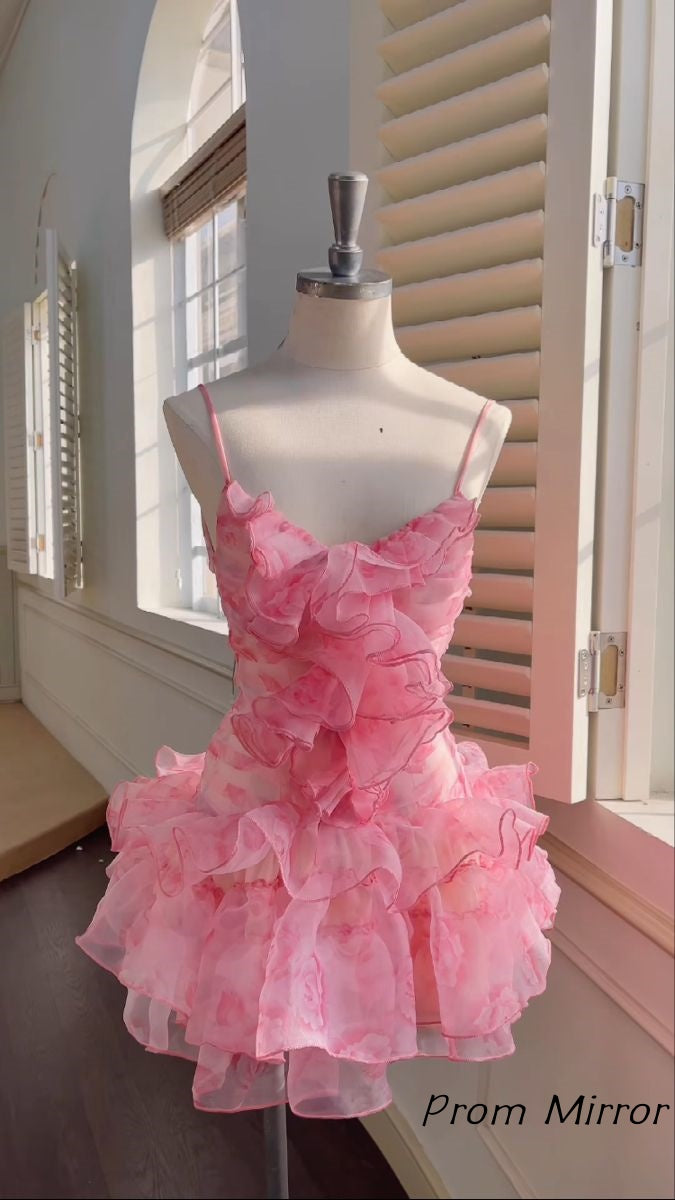 Spaghetti Straps Pink Floral Homecoming Dresses V-Neck Ruffle Party Dress