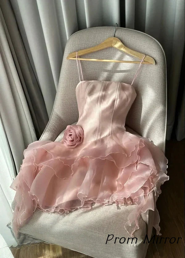 Charming Pink Spaghetti Straps Tulle Satin A-Line Mini Homecoming Dress Short Party Dress