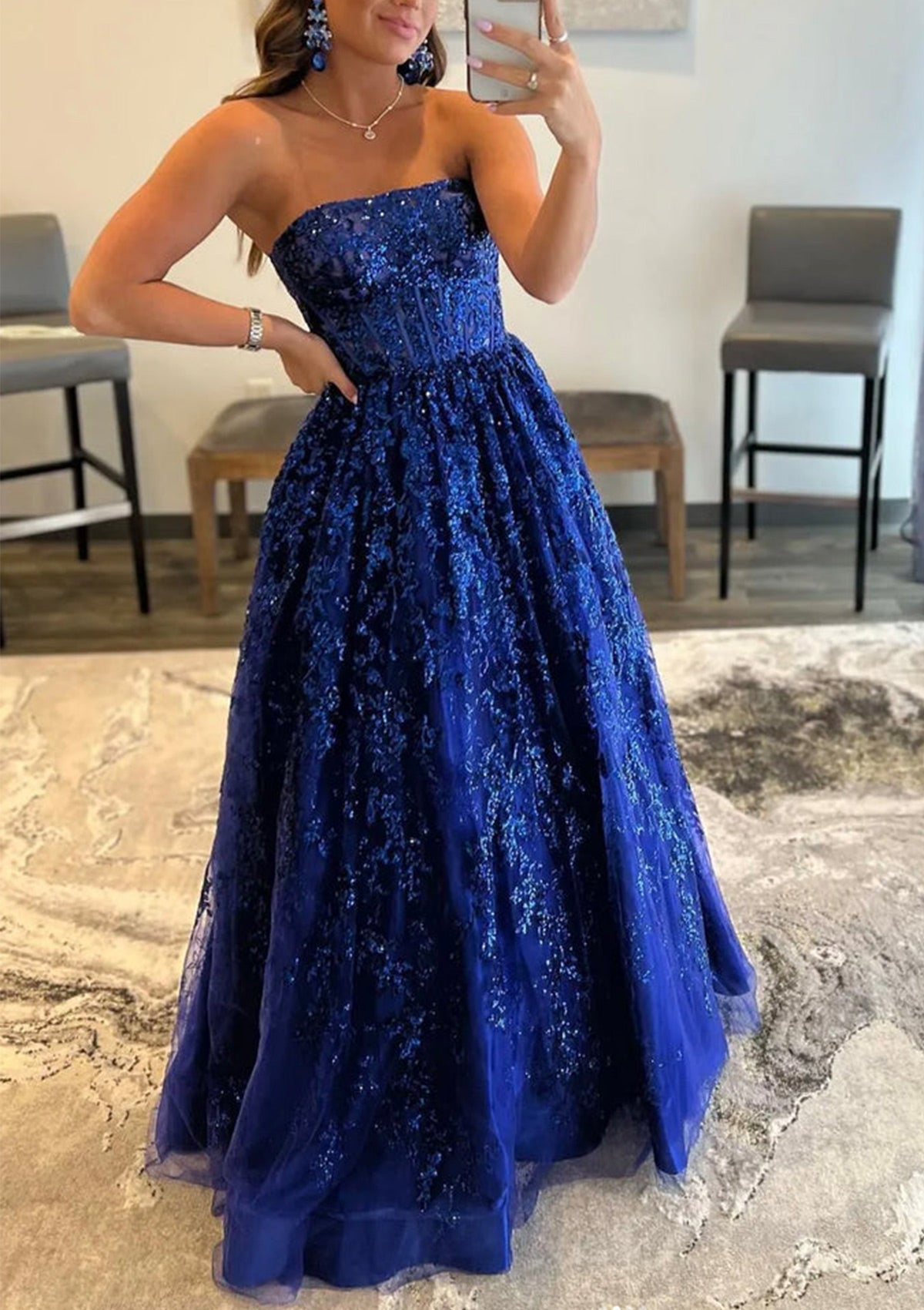 Blue Strapless A-Line Lace Sequins Long Prom Dress, Senior Party Dress