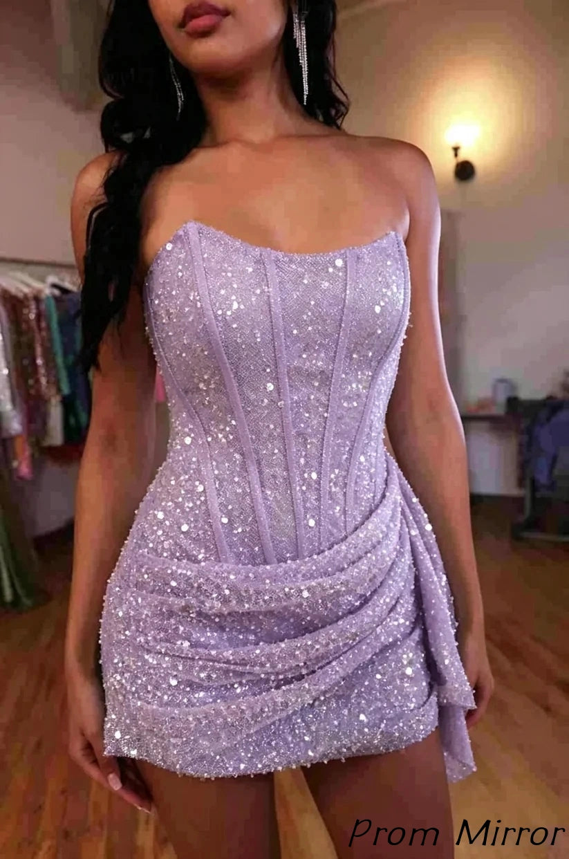 Fashion Party Dresses Strapless Bodycon Homecoming Dress Sequined Mini Formal Gown