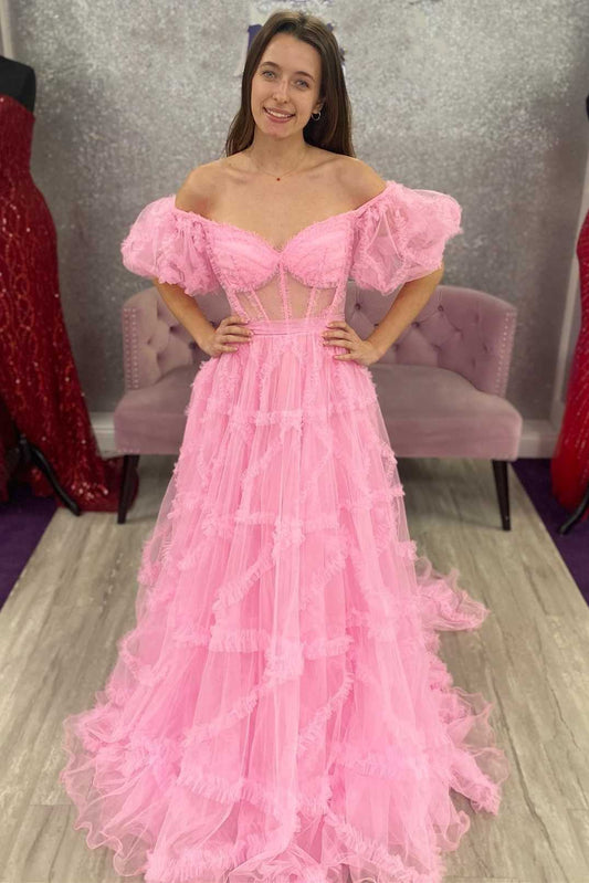 Off The Shoulder Ruffles Pink Long Prom Dress Tulle Formal Gown