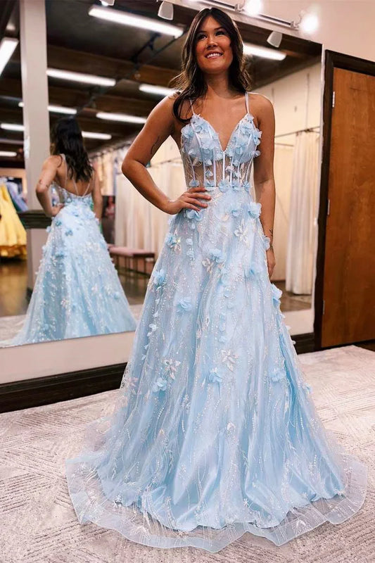 Spaghetti Straps Light Blue Floral 3D Appliques Long Prom Evening Dress