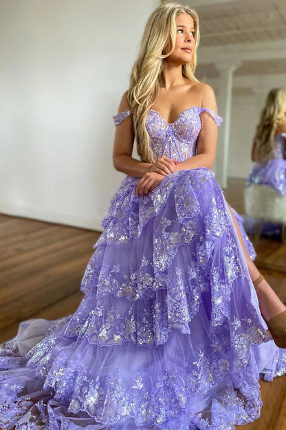 Off The Shoulder Sequins Lace Split Prom Evening Dress