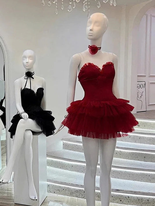 Cute Ball Gown Sweetheart Burgundy Mini Party Dresses Short Formal Homecoming Dresses Night Chic Elegant Short Dresses Cocktail Dress 16th Birthday Outfits Tulle Hoco Dresses