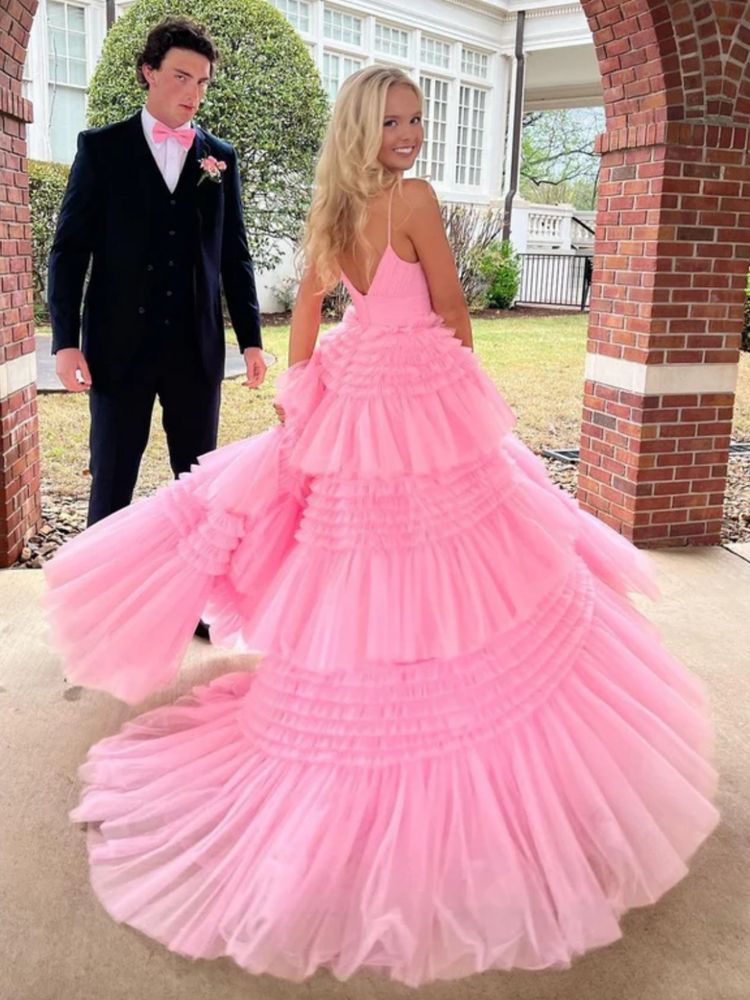 PM550,Gorgeous V Neck Layered Pink Tulle Long Prom Dresses with High Slit, Long Pink Tulle Formal Evening Dresses