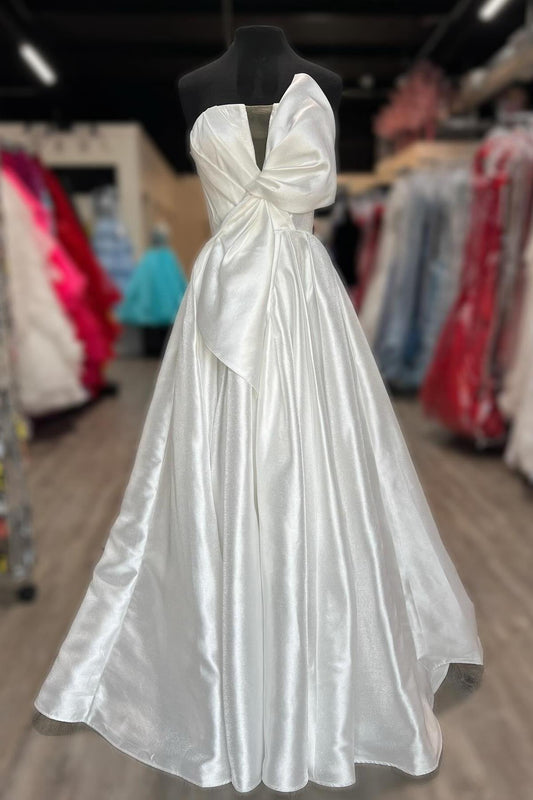 Strapless White Satin A-line Long Formal Dress