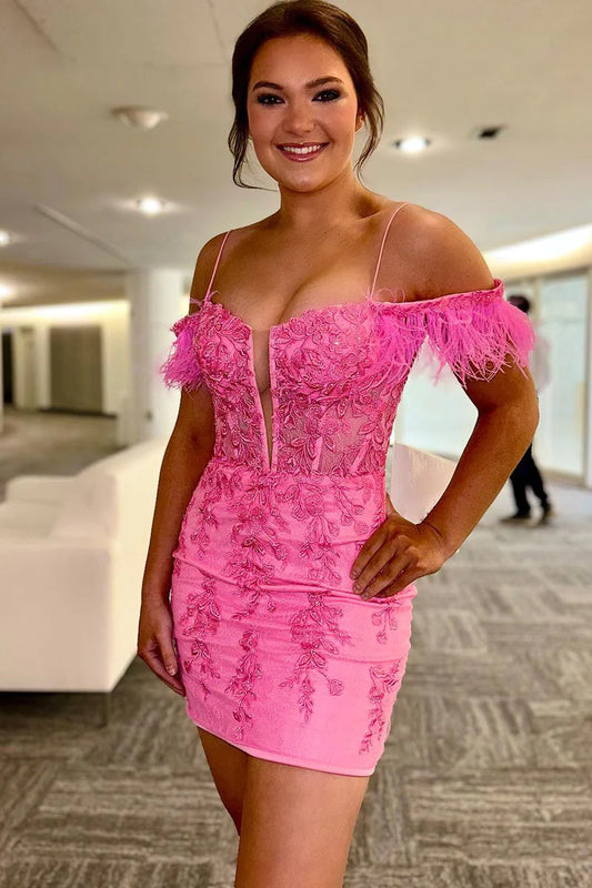 Off The Shoulder Pink Feather Applique Lace Homecoming Dress