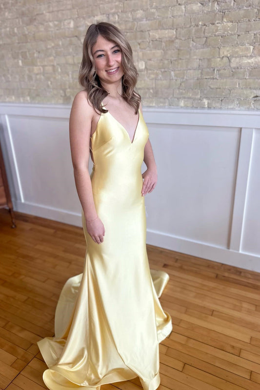 Yellow Spaghetti Strap Criss-cross Back Mermaid Dress