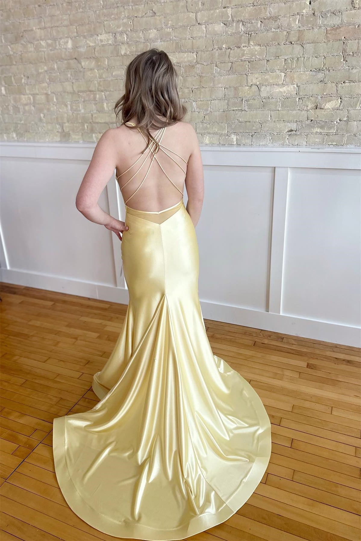 Yellow Spaghetti Strap Criss-cross Back Mermaid Dress