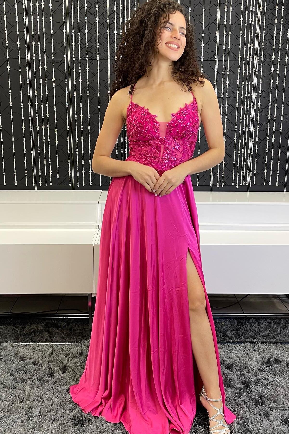 Fuchsia Appliques A-line Long Formal Dress
