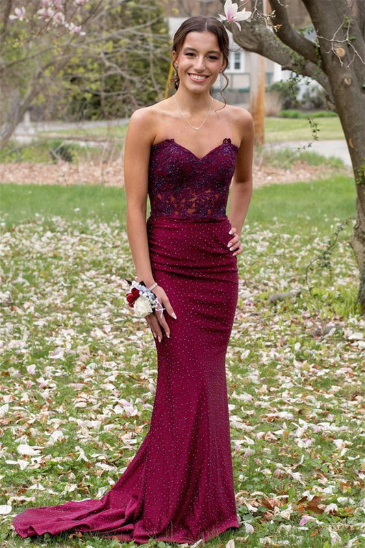 Maroon Sleeveless Sequin Long Prom Dress