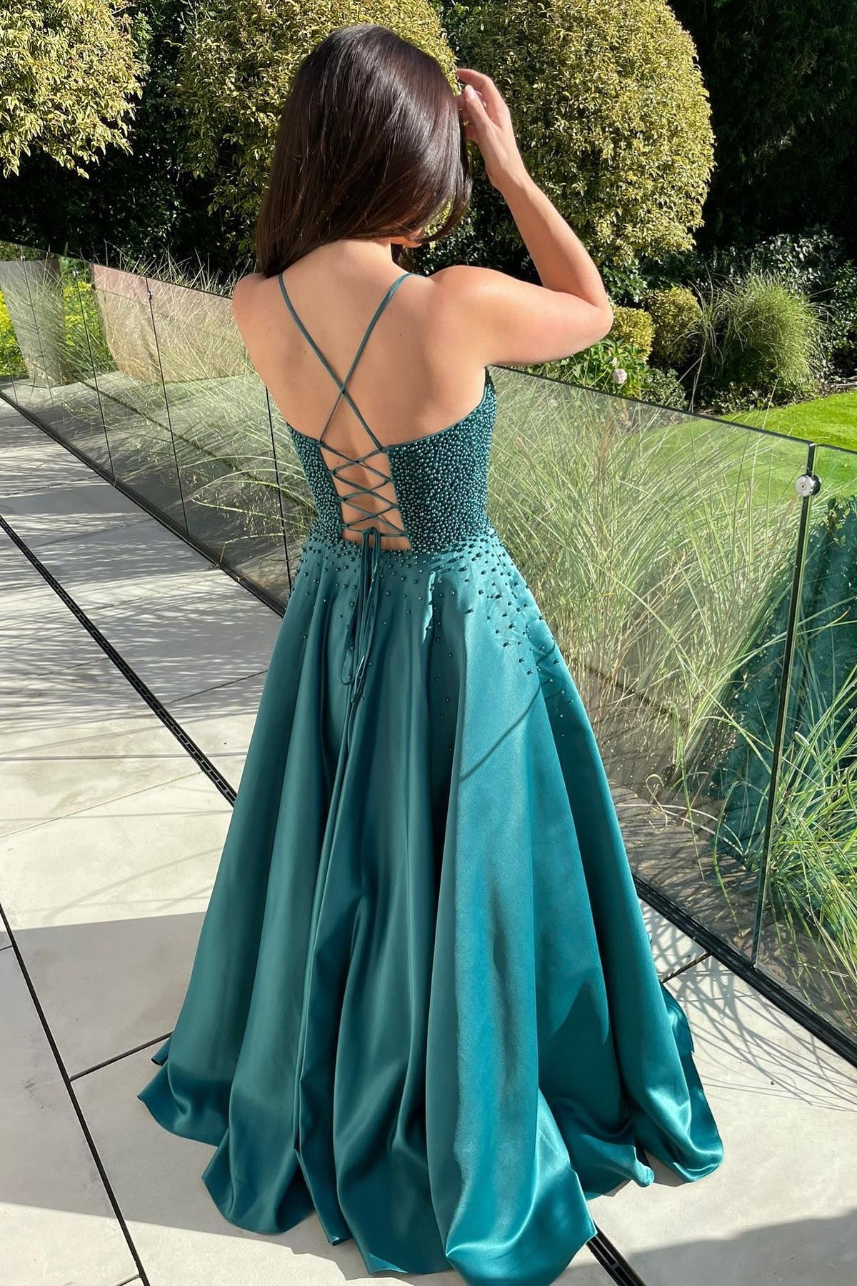 PM538,A-Line Green Beaded Satin Long Prom Dress