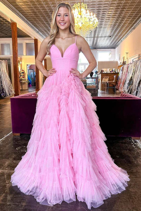 Spaghetti Straps Pink Tulle V-Neck Evening Prom Dress