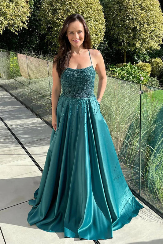 PM538,A-Line Green Beaded Satin Long Prom Dress