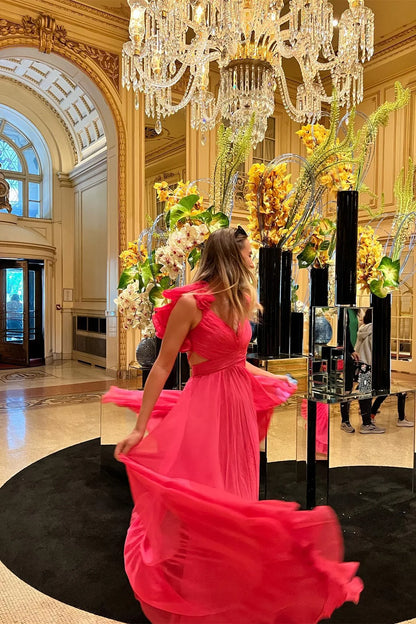 Fuchsia V-Neck Chiffon A-Line Long Prom Dress
