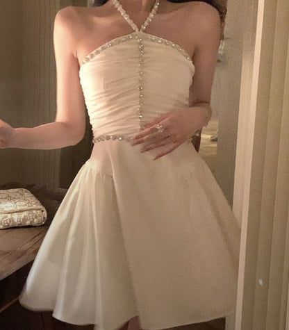A Line White Halter Homecoming Dress Short Evening Dress Cocktail Dresses Short Party Dress