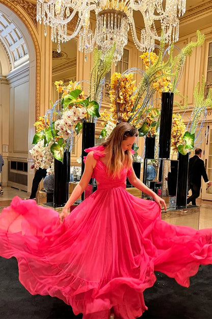 Fuchsia V-Neck Chiffon A-Line Long Prom Dress