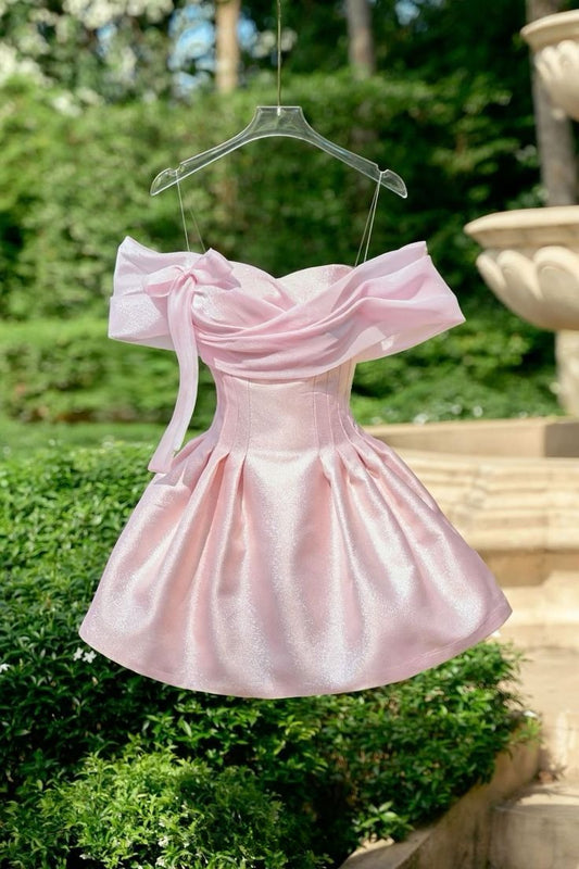 A Line Pink Off Shoulder Homecoming Dress Short Party Dress